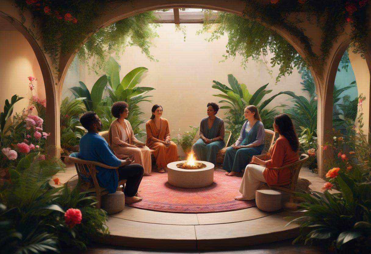 A diverse group of people sitting in a warm, inviting therapy circle, sharing thoughts and supporting each other, with vibrant plants and soft lighting in the background. Include elements symbolizing growth, such as blooming flowers and nurturing hands. The atmosphere should convey warmth, inclusivity, and personal development. super-realistic. vibrant colors. soft focus.