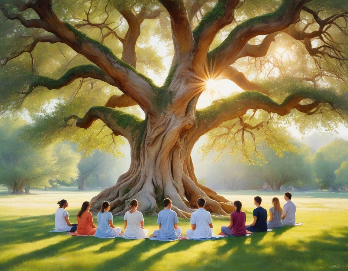 A serene outdoor scene featuring a diverse group of individuals meditating together under a large, ancient tree, surrounded by soft green grass and blooming flowers. Gentle sunlight filters through the leaves, casting a warm glow, while symbols of compassion like a heart shape and resilience represented by a sturdy rock are subtly integrated into the background. Ethereal elements depict the flow of positive energy connecting them. watercolor painting. soothing colors. nature-inspired.
