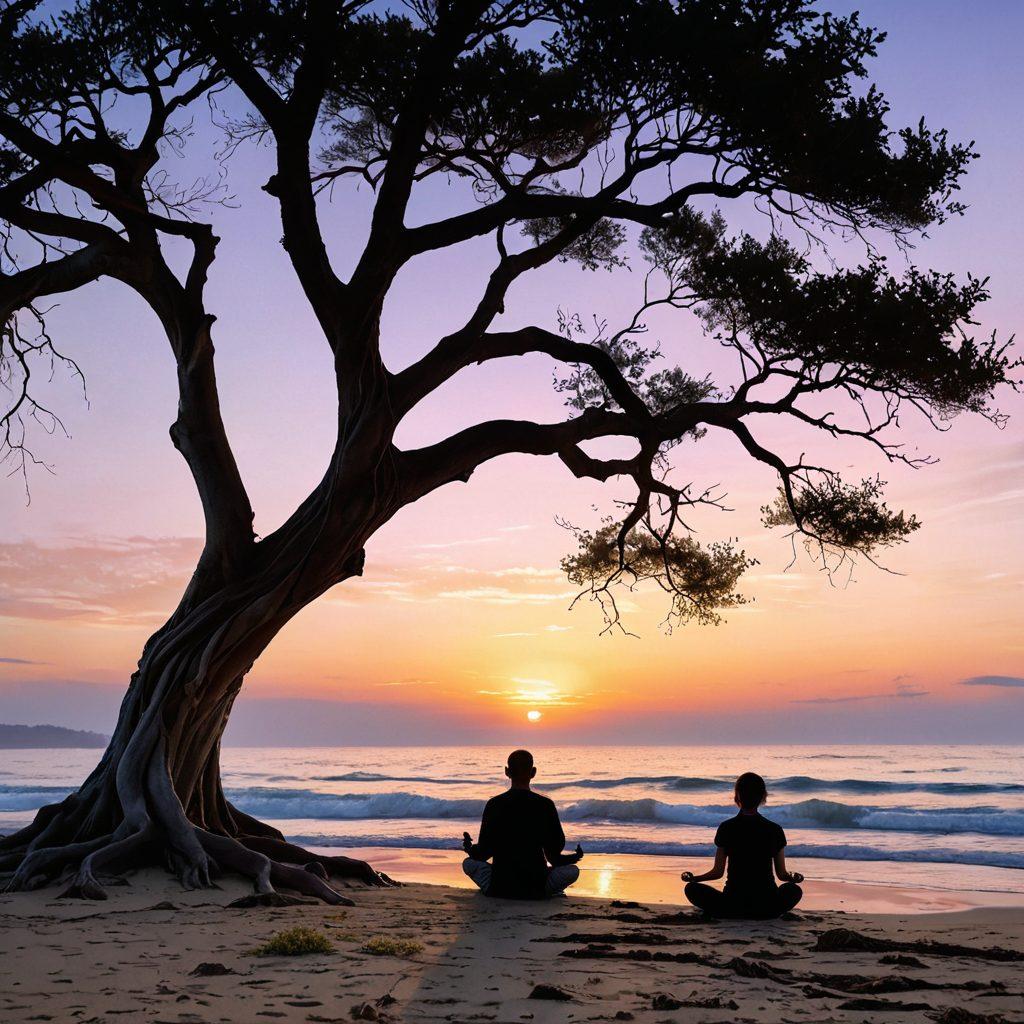 A serene landscape depicting a person meditating under a large, supportive tree, surrounded by soft, glowing orbs symbolizing emotional support. In the background, gentle waves lapping at a shore represent the healing journey, while vibrant colors create a harmonious atmosphere of peace and resilience. The sky transitions from dawn to dusk, illustrating the passage of time in healing. super-realistic. vibrant colors. soft focus.
